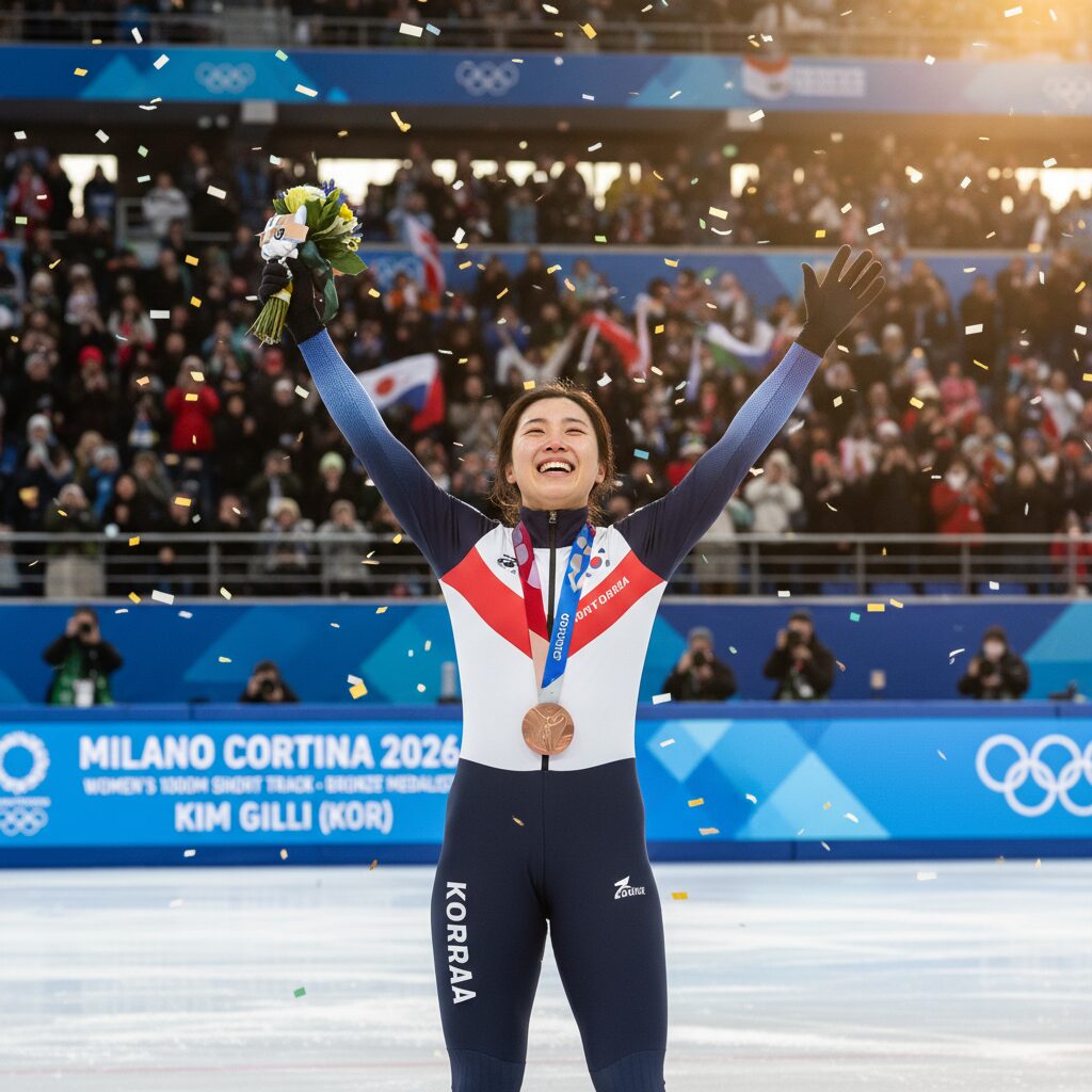김길리 선수가 2026 밀라노 동계올림픽 쇼트트랙 여자 1000m 동메달 획득 후 기뻐하는 모습