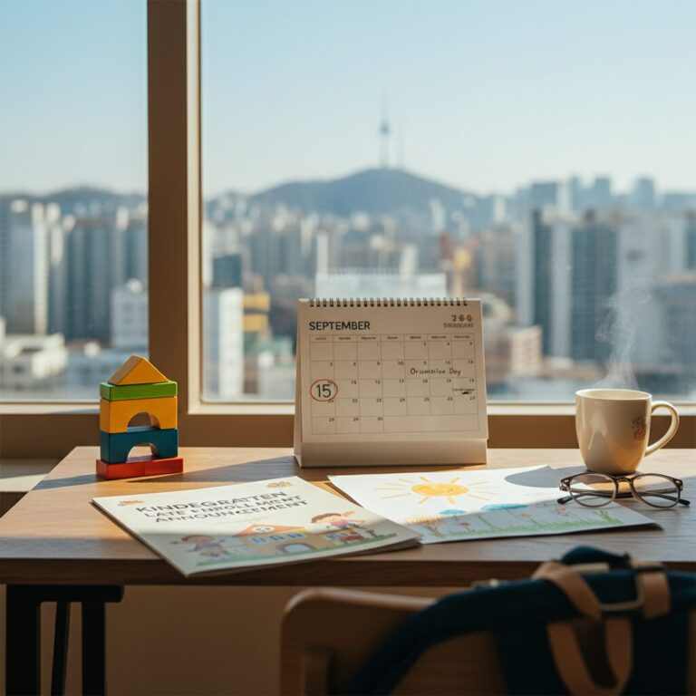 유치원 추가모집 안내서와 달력이 놓인 책상