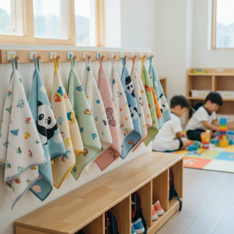 유치원에서 사용하는 다양한 색상과 디자인의 고리수건이 걸려있는 모습