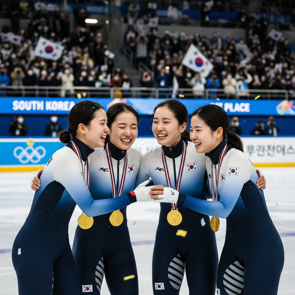 한국 여자 쇼트트랙 계주 선수들이 금메달 획득 후 서로를 포옹하며 기쁨을 나누는 모습