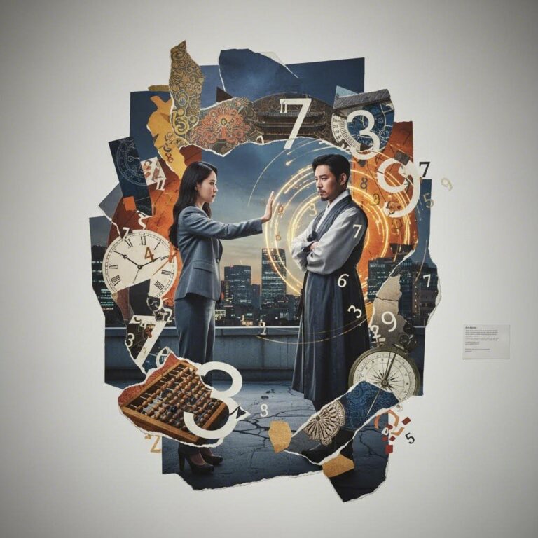 레이디 두아 드라마에서 사라킴과 박무경의 대립 구도와 수비학적 상징성을 시각적으로 표현한 콜라주 이미지