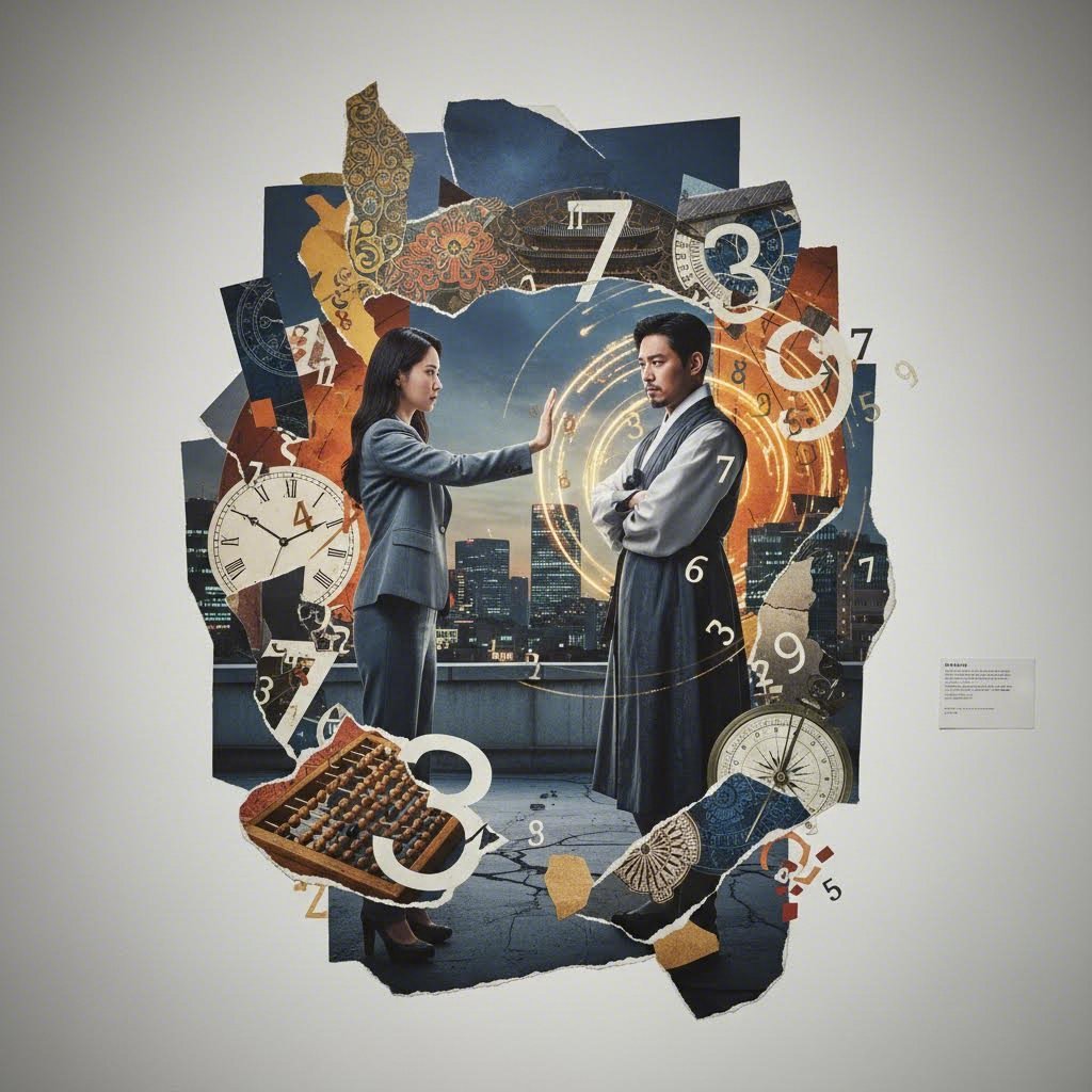 레이디 두아 드라마에서 사라킴과 박무경의 대립 구도와 수비학적 상징성을 시각적으로 표현한 콜라주 이미지