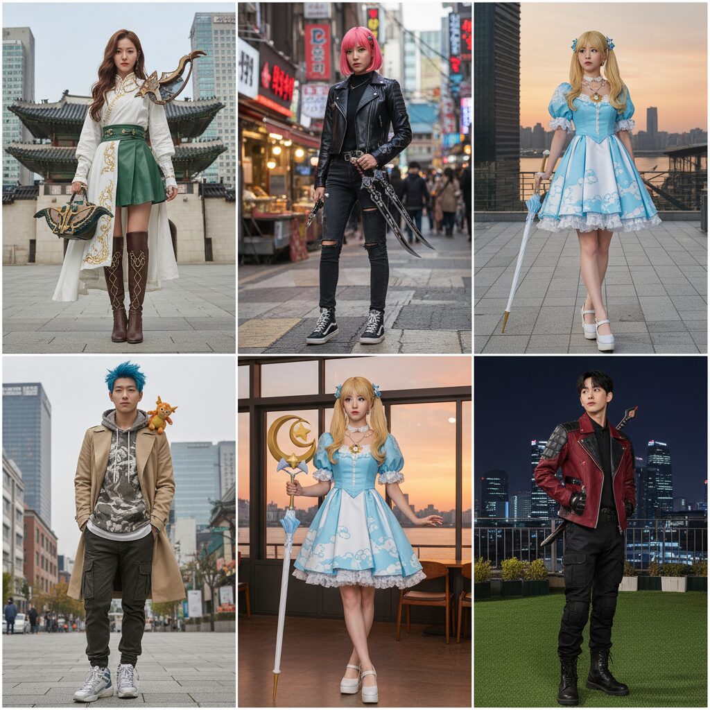 다양한 메이플스토리 캐릭터의 패션 코디네이션 예시 모음