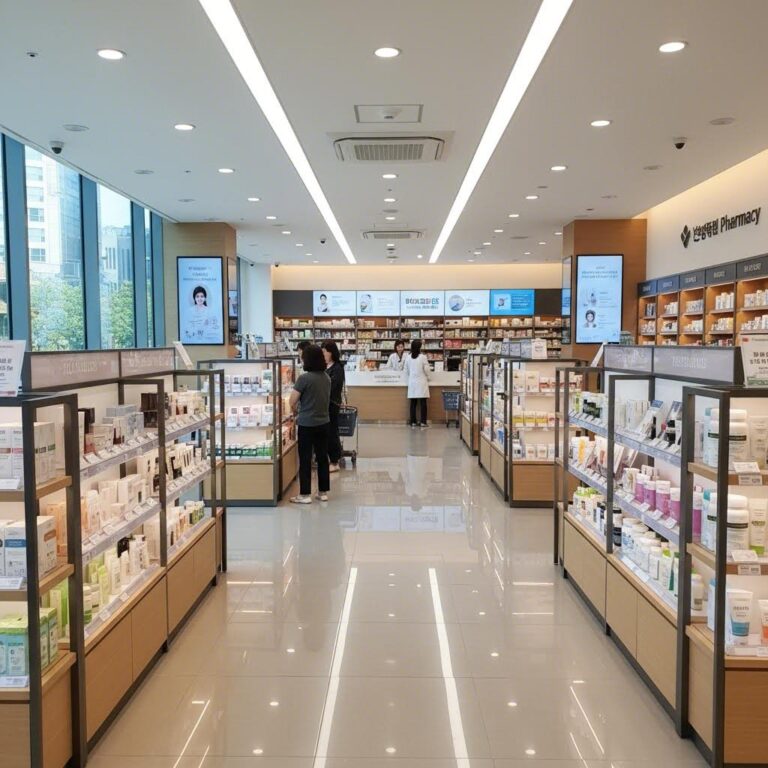 용산 메디킹덤 약국 내부의 넓은 통로와 다양한 상품 진열 모습