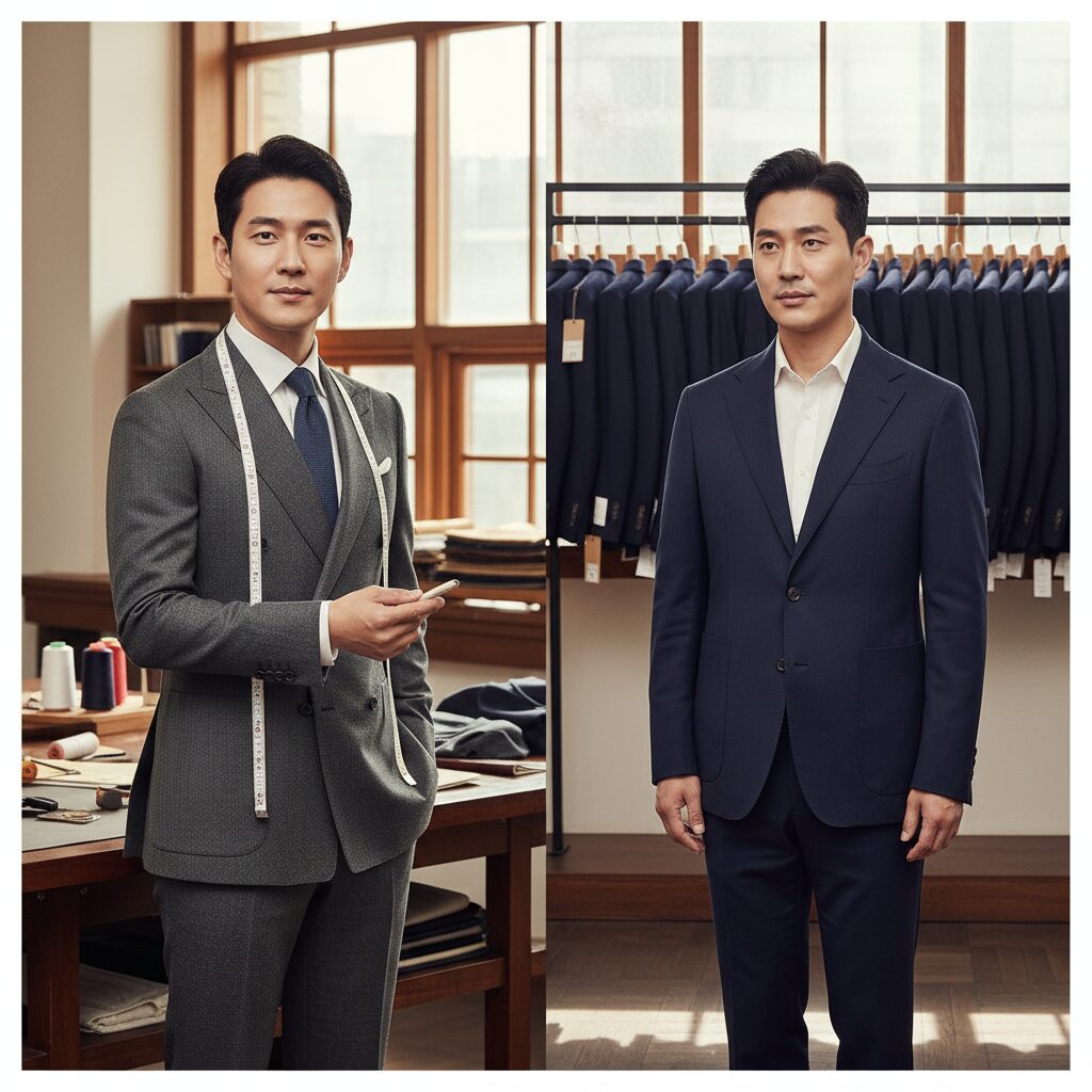 맞춤 자켓과 기성복 자켓을 비교하여 설명하는 이미지