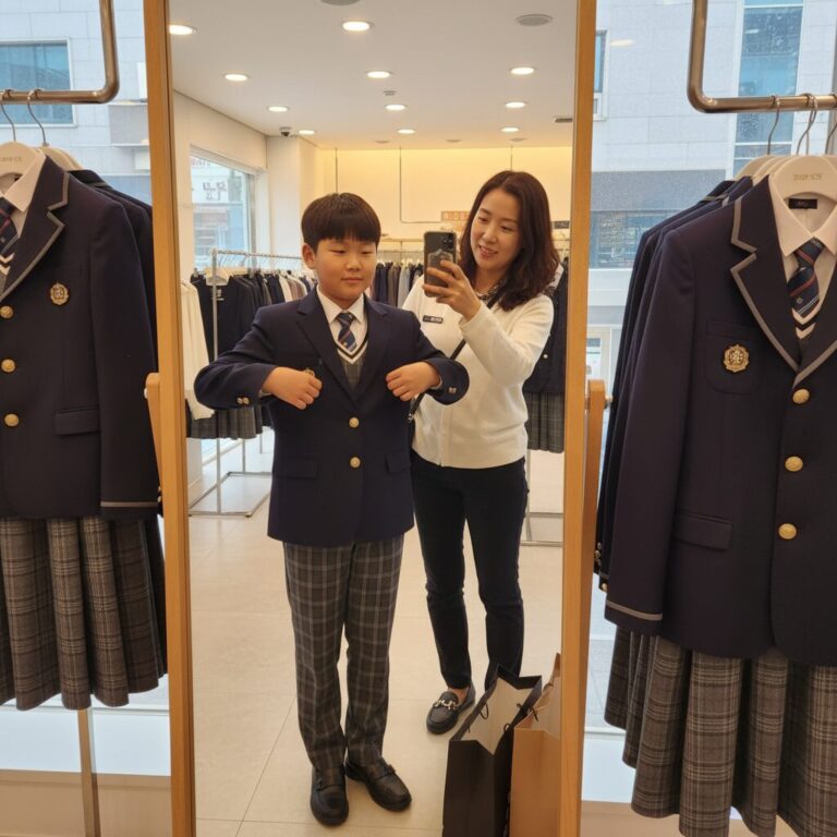 중학교 입학을 앞둔 학생이 교복을 입어보고 있는 모습