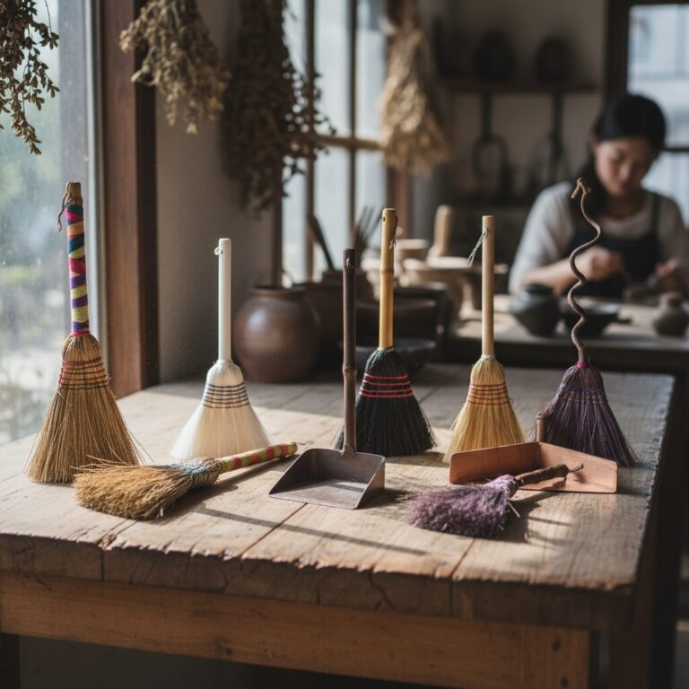 다양한 디자인의 미니 빗자루 세트가 놓여진 사진