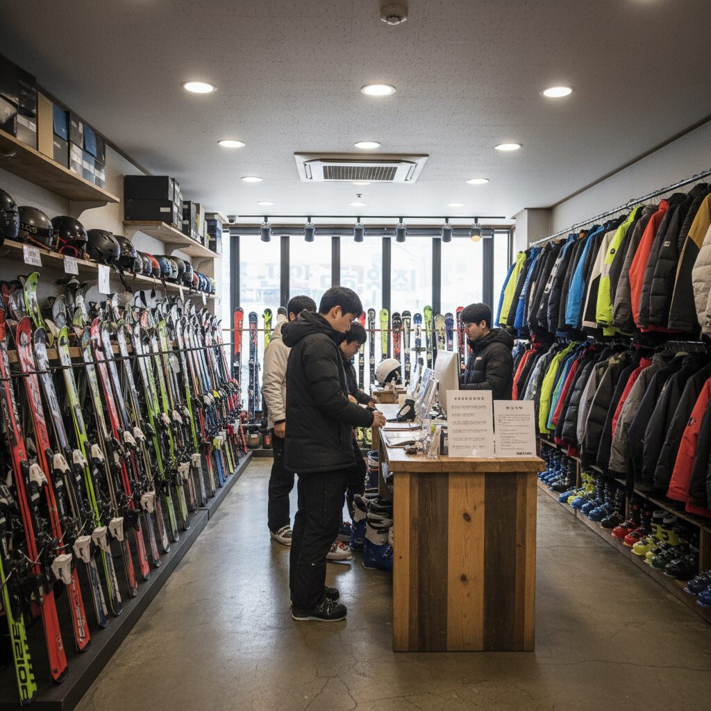 무주리조트 인근 스키 렌탈샵 내부 모습, 다양한 스키 장비와 의류가 정리되어 있음