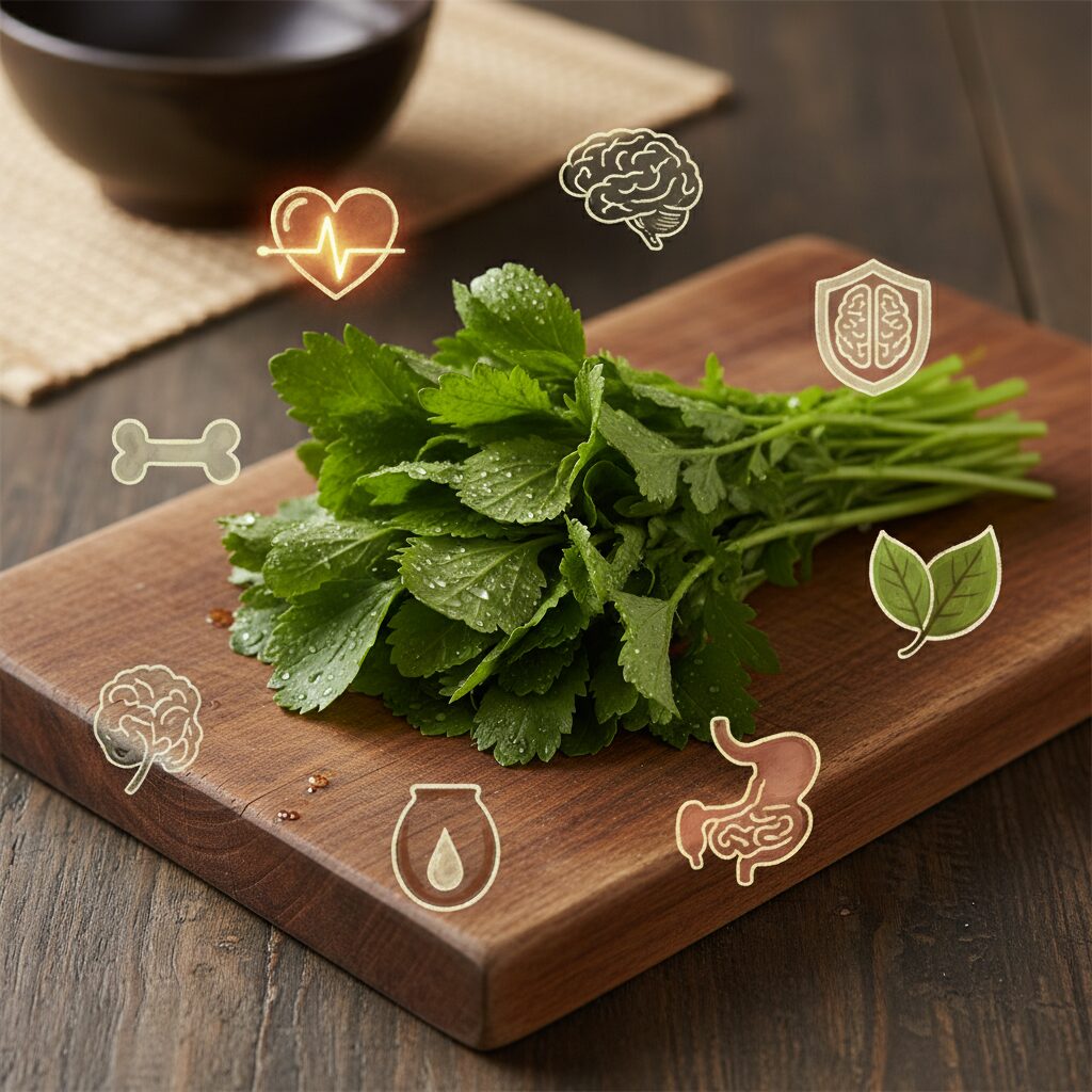 신선한 냉이가 다양한 건강 효능 아이콘으로 둘러싸인 이미지
