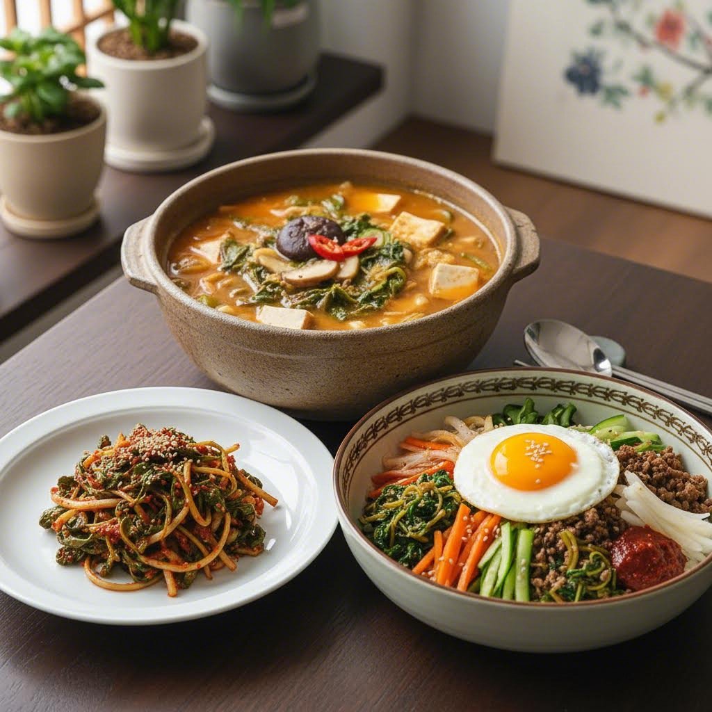 냉이 된장국, 냉이 무침, 냉이 비빔밥이 접시에 담겨 있는 이미지