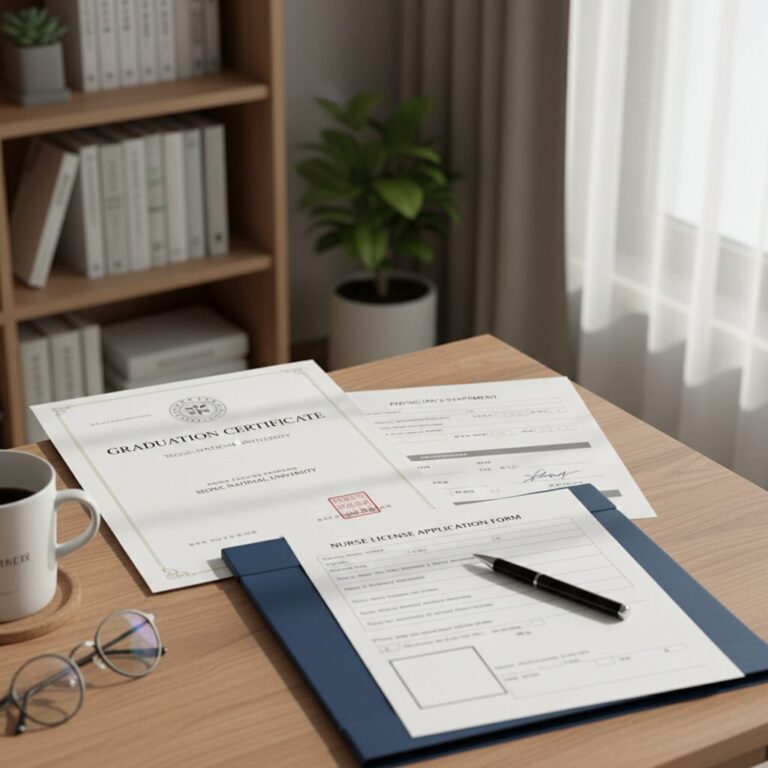 간호사 면허 신청을 위한 졸업증명서 의사진단서 면허신청서가 책상 위에 놓여 있는 모습