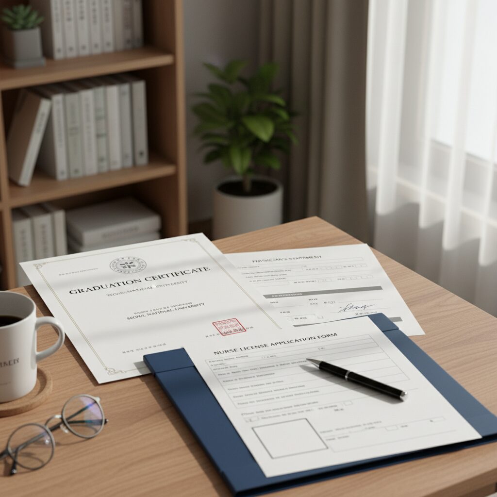 간호사 면허 신청을 위한 졸업증명서 의사진단서 면허신청서가 책상 위에 놓여 있는 모습