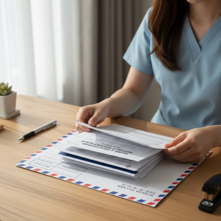 간호사 면허증 신청 서류를 등기우편 봉투에 넣은 모습