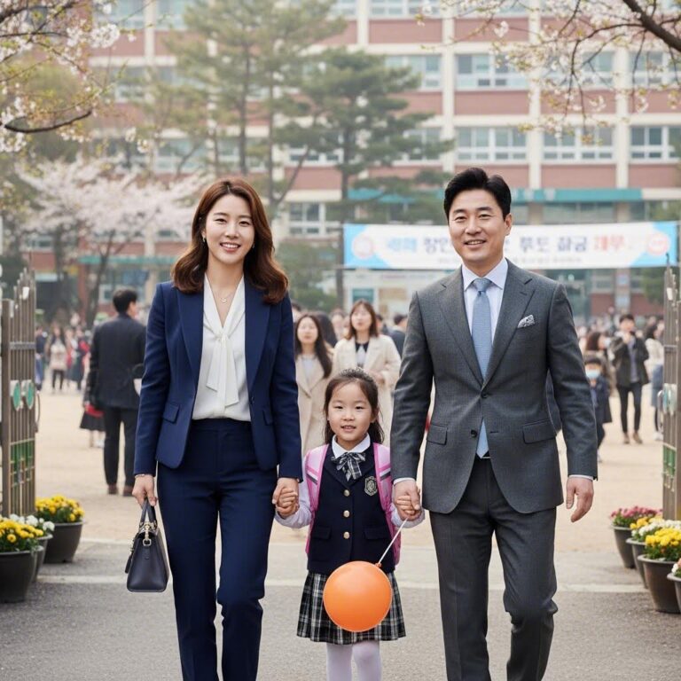 아이와 함께한 입학식에서의 단정한 학부모 패션 코디 예시