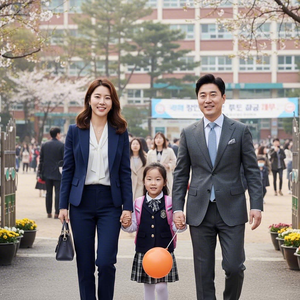 아이와 함께한 입학식에서의 단정한 학부모 패션 코디 예시