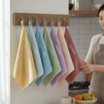 요일별로 정리된 이름이 자수된 다양한 색상의 고리수건