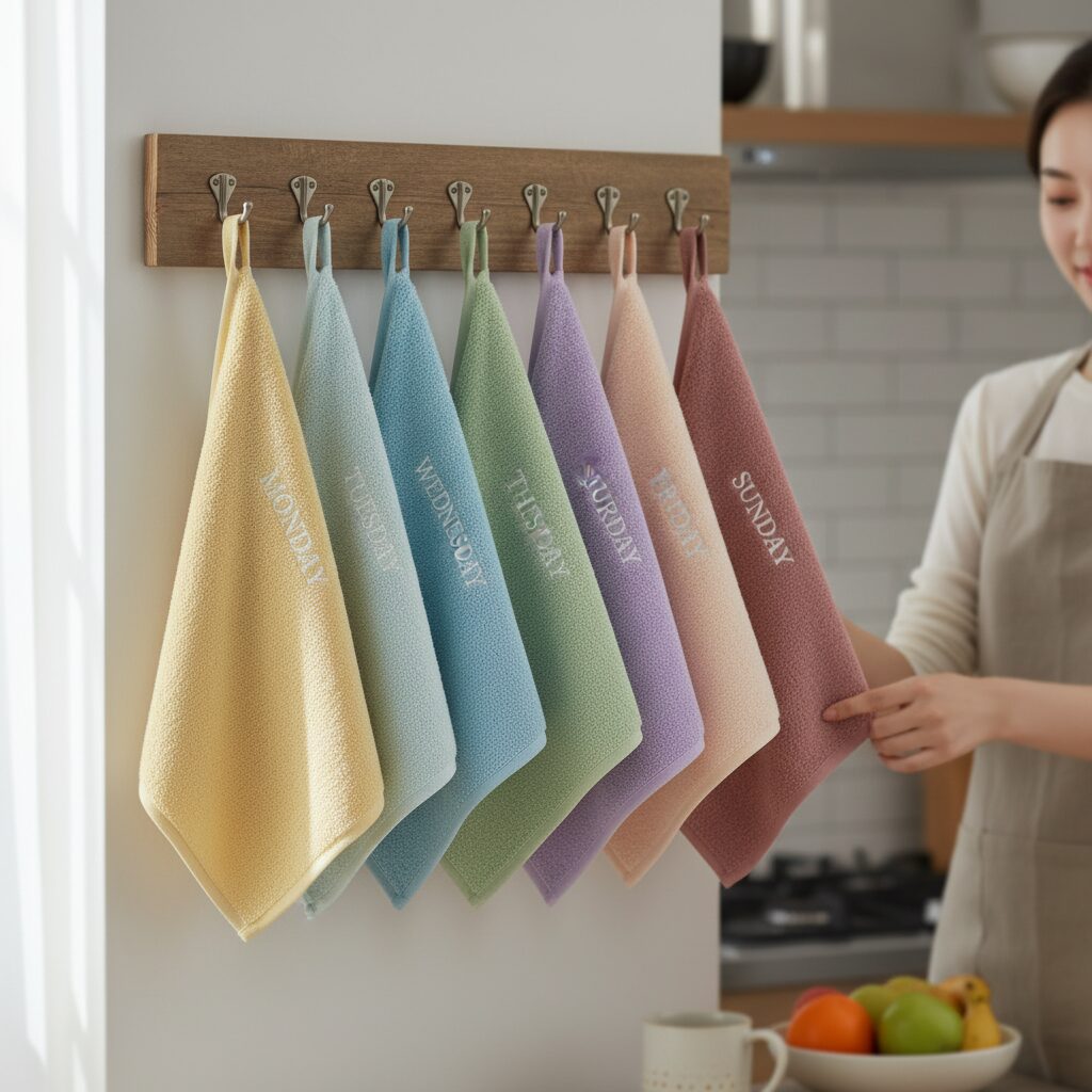 요일별로 정리된 이름이 자수된 다양한 색상의 고리수건