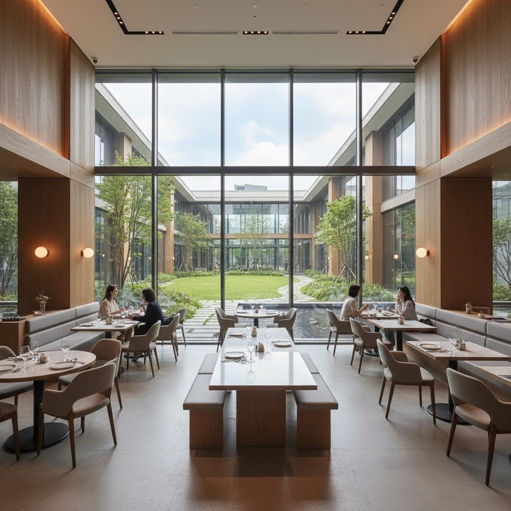 래미안 원펜타스 아파트 입주민 전용 식당의 모던한 인테리어와 중정 뷰
