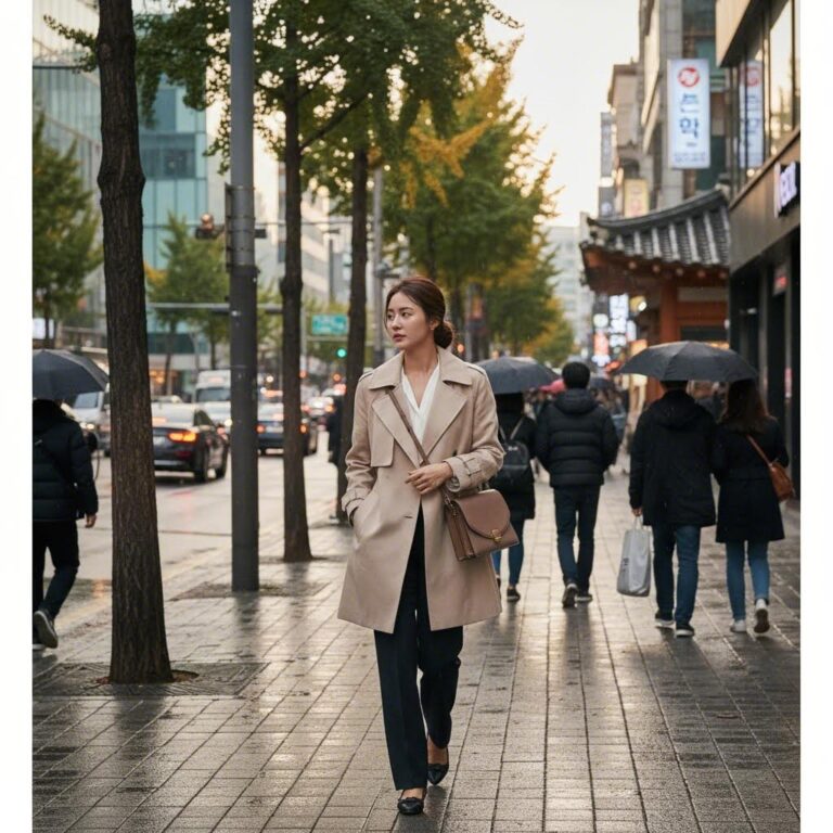 라이트 베이지색 로엠 숏 트렌치 코트를 입은 여성이 거리를 걷는 모습