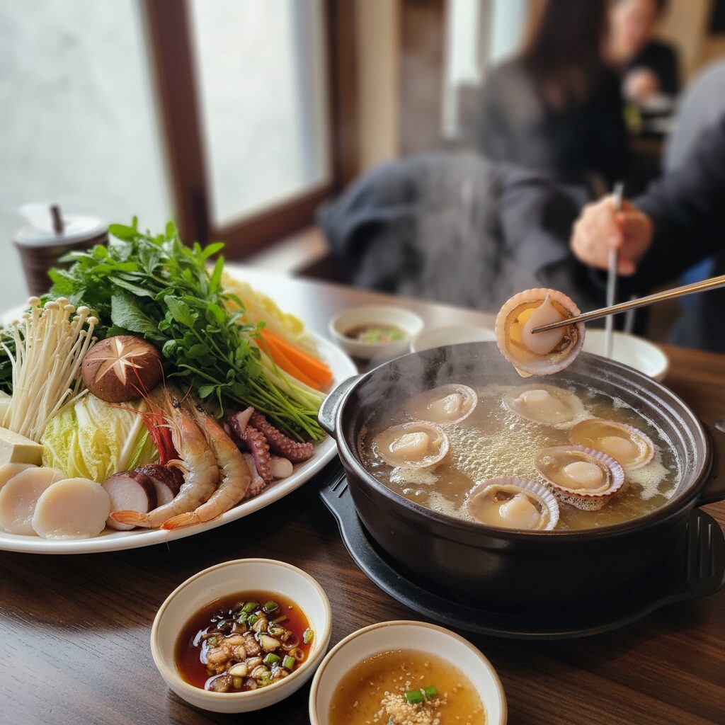 따뜻한 육수에 담긴 새조개 샤브샤브와 다양한 야채와 해산물이 접시에 담겨 있는 모습