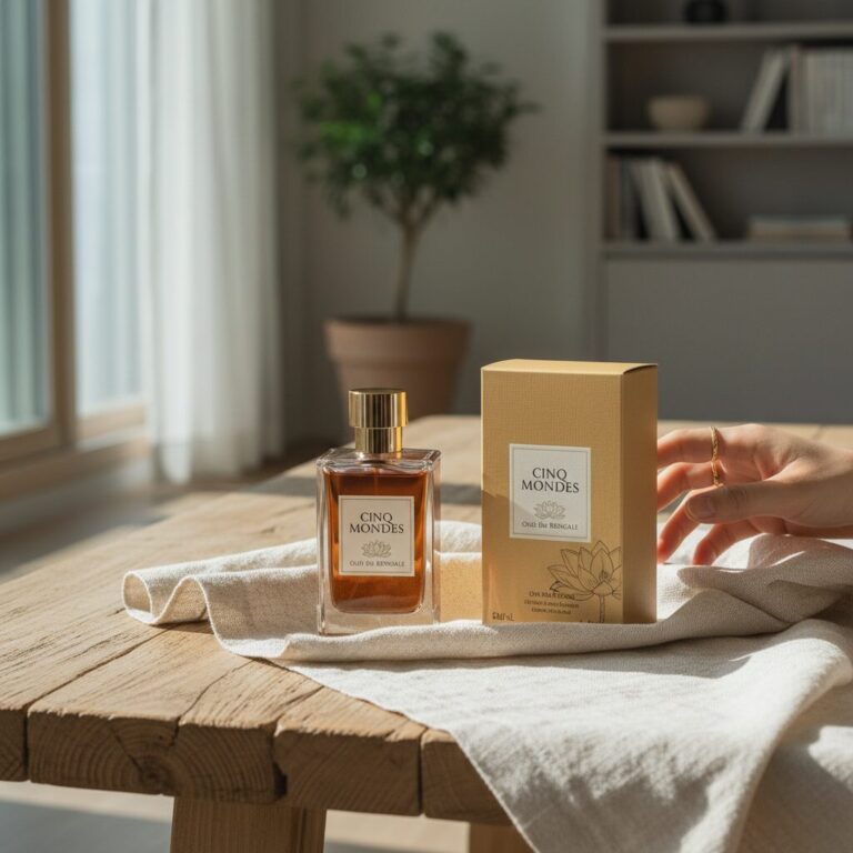 생크몽드 오우드 벵갈로 향수 병과 포장이 나란히 놓여 있는 스타일리쉬한 사진