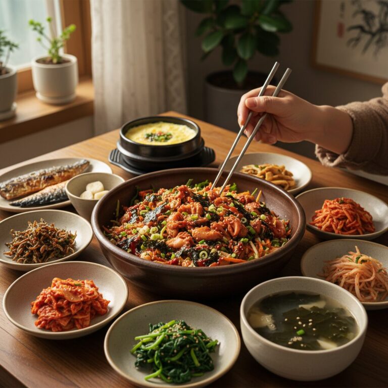 멍게 비빔밥을 비빈 모습과 다양한 반찬이 식탁에 차려져 있음