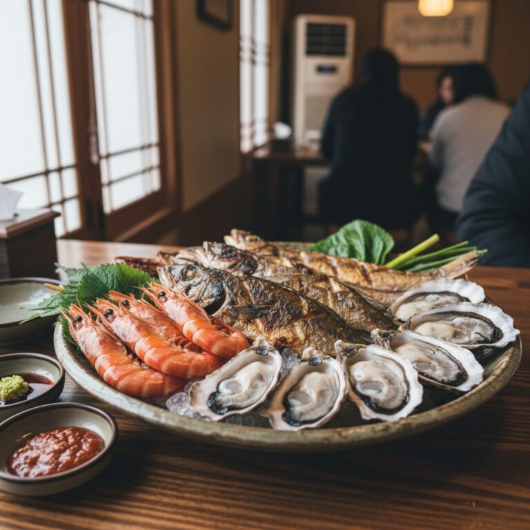2월 제철 해산물인 대하와 조기, 굴이 담긴 접시
