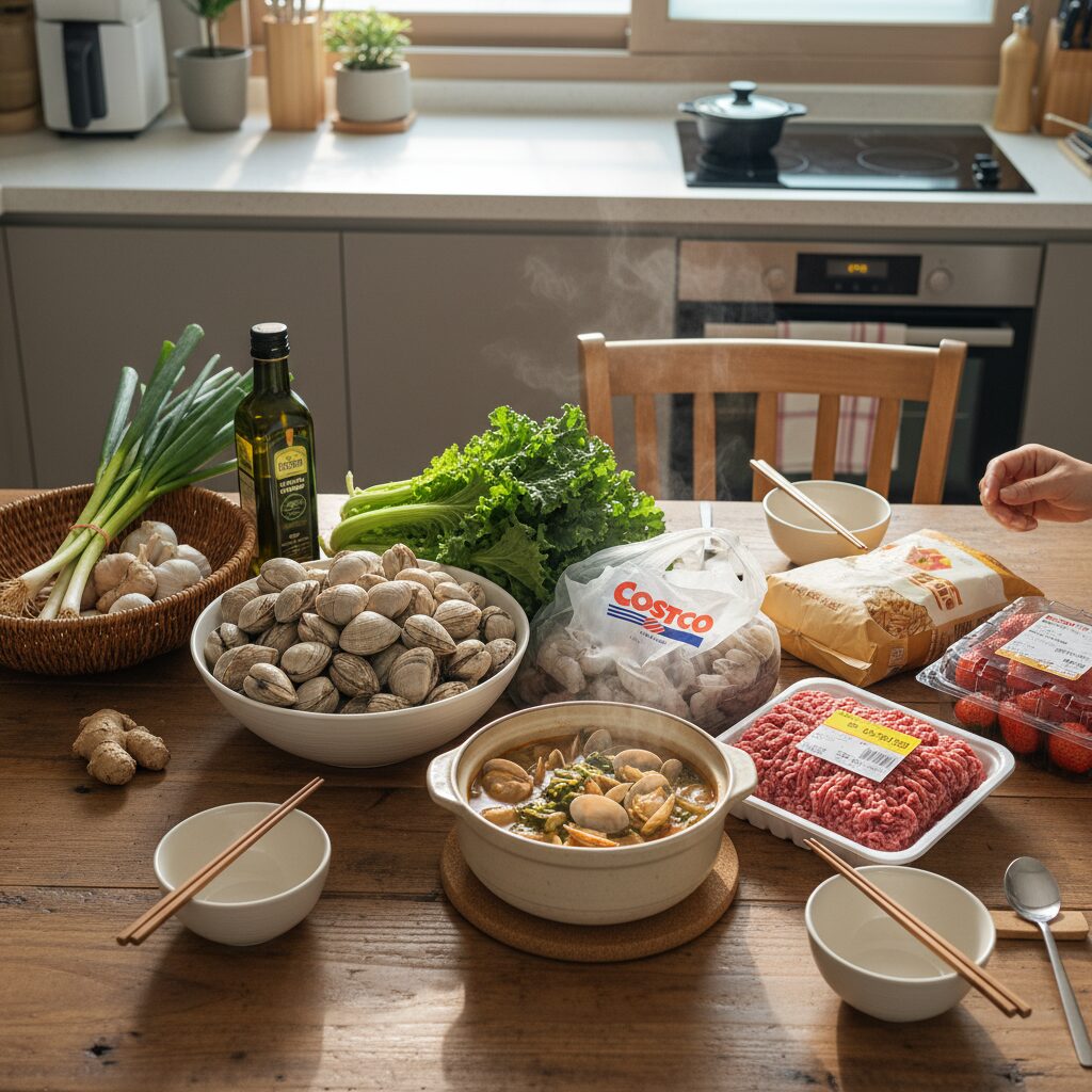 바지락과 봄동 등 2월 제철 식재료와 코스트코 할인 상품이 함께 놓인 테이블