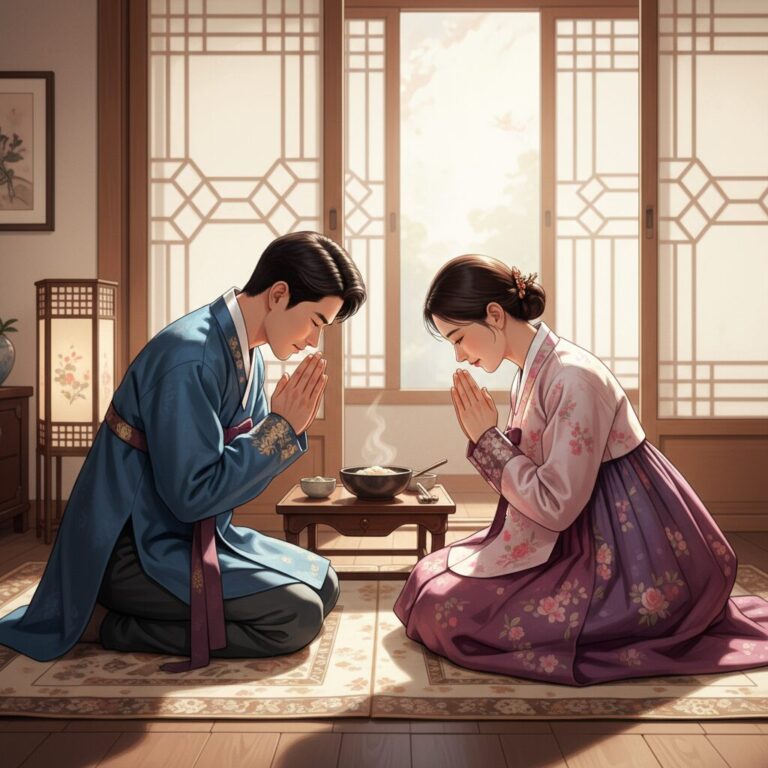 남성은 왼손이 위, 여성은 오른손이 위로 포개어 세배를 하고 있는 일러스트 이미지