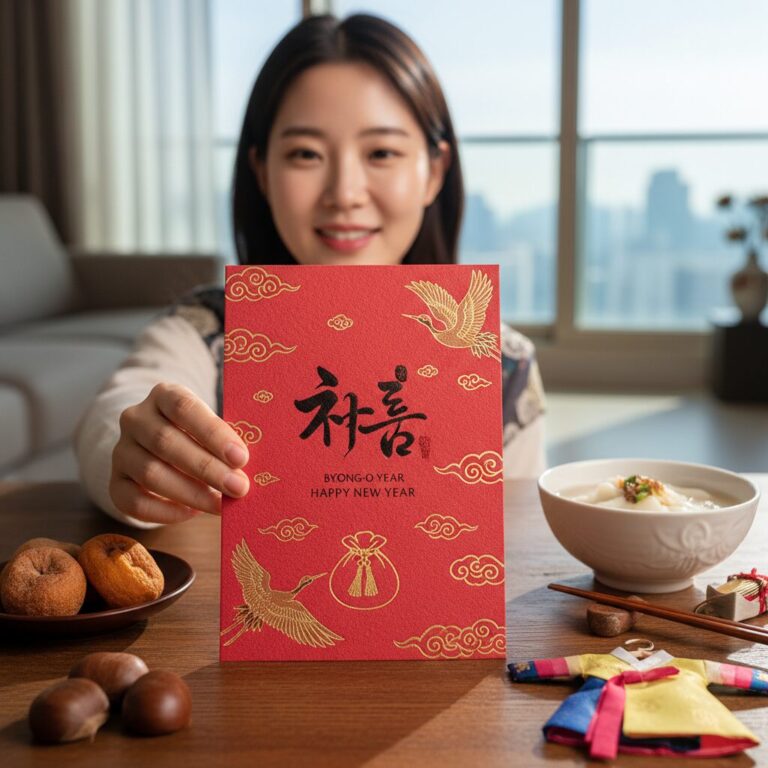 병오년 새해 복 문구가 적힌 디자인된 설날 인사 카드 이미지