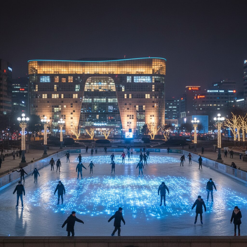 서울광장 스케이트장 야경 서울 시청 건물과 불빛으로 반짝이는 아이스링크