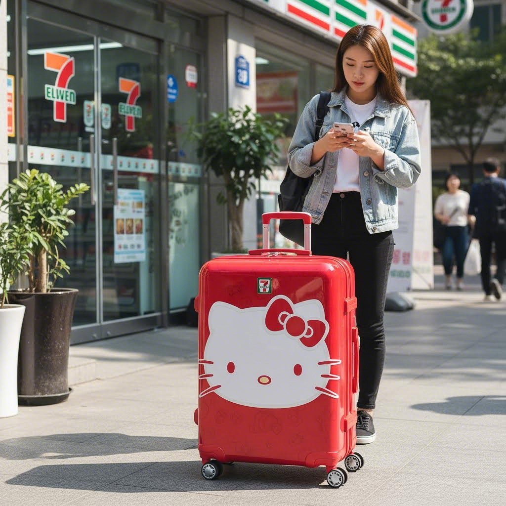 레드와 화이트 색상의 세븐일레븐 헬로키티 캐리어가 바퀴 위에 서 있는 모습