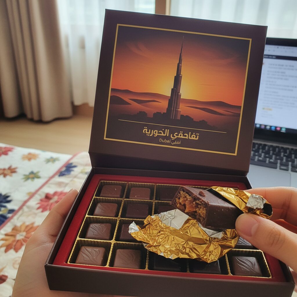 세븐일레븐 두바이 초콜릿 박스를 열어 반으로 갈라 본 모습