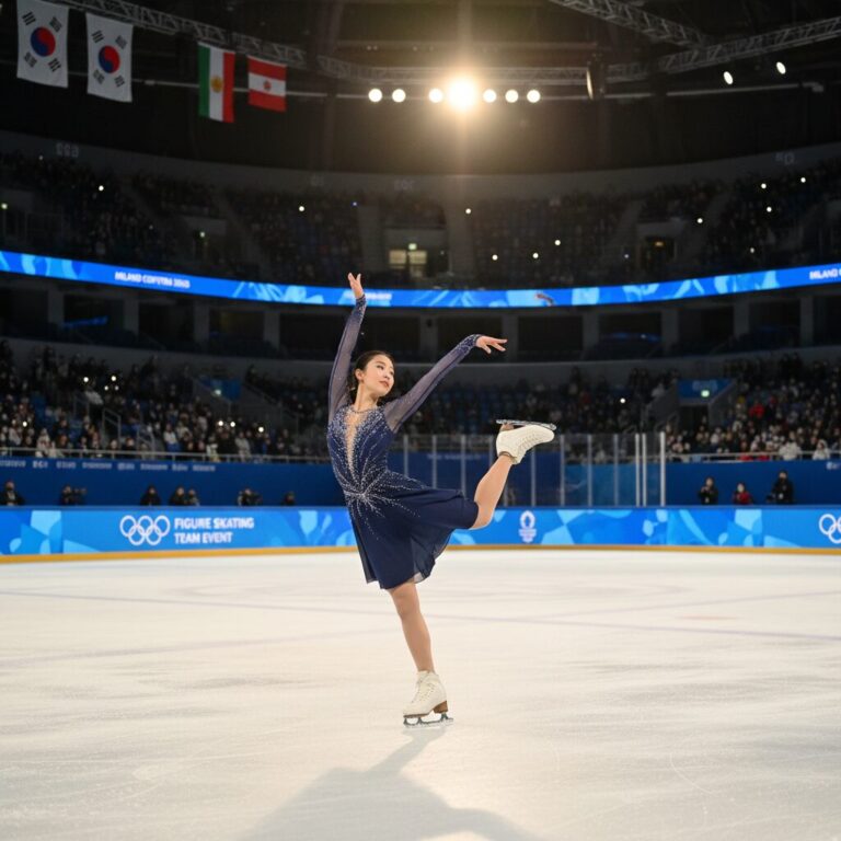 신지아 선수가 2026 밀라노 올림픽 팀 이벤트 쇼트프로그램에서 연기하고 있는 모습