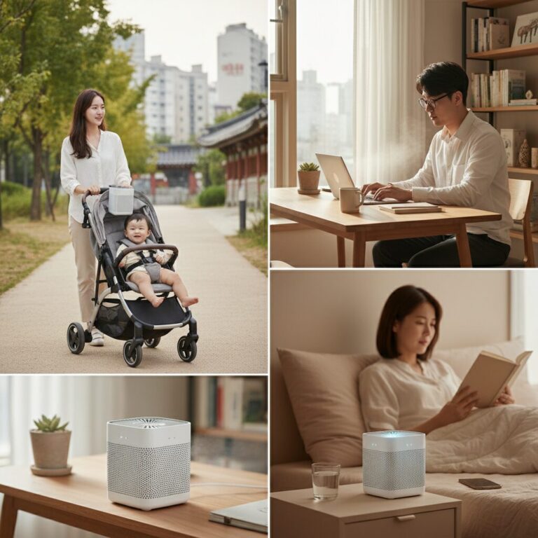 소형 공기청정기가 유모차와 책상 등 다양한 생활 공간에서 사용되는 모습