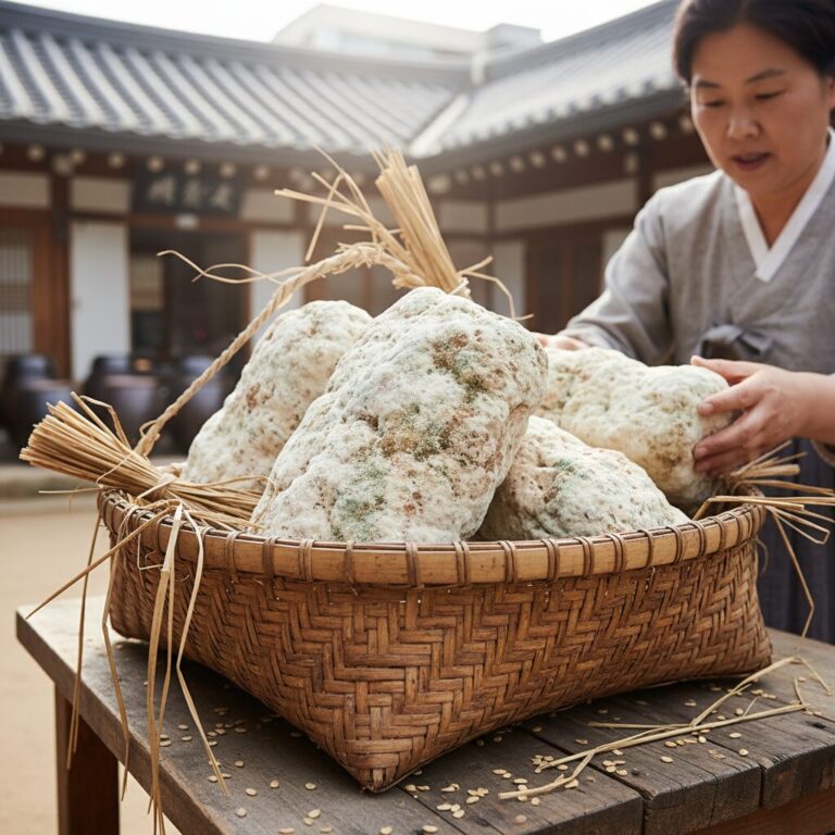 국산콩으로 만든 전통 메주 여러 덩이가 바구니에 담겨 있는 모습