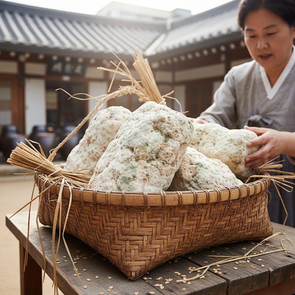 국산콩으로 만든 전통 메주 여러 덩이가 바구니에 담겨 있는 모습