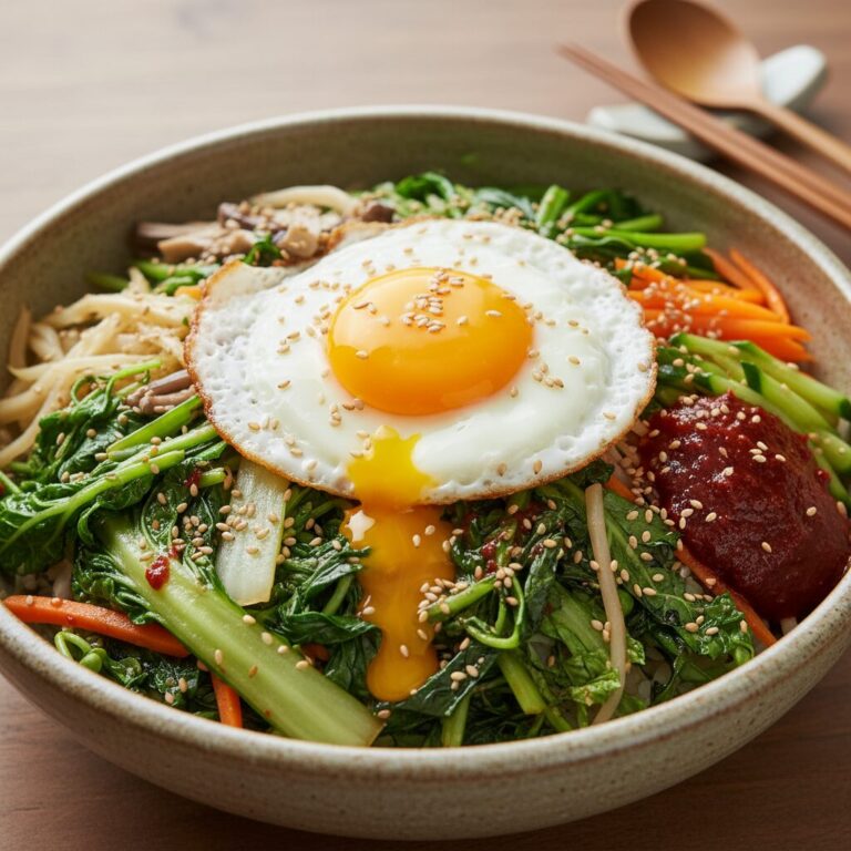 봄동 비빔밥 완성 사진, 푸짐한 봄동과 노른자가 흐르는 계란후라이가 올라간 모습