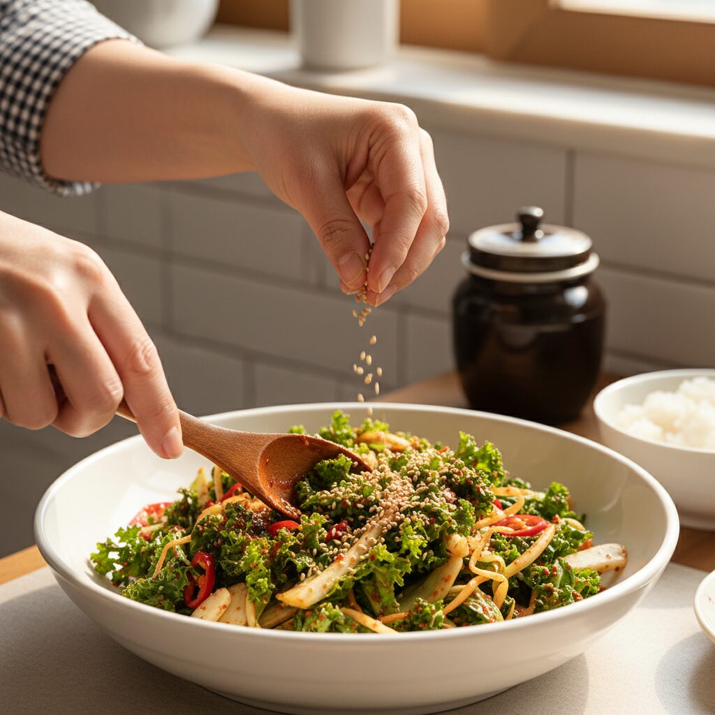 접시에 담긴 봄동무침을 양념하고 있는 손