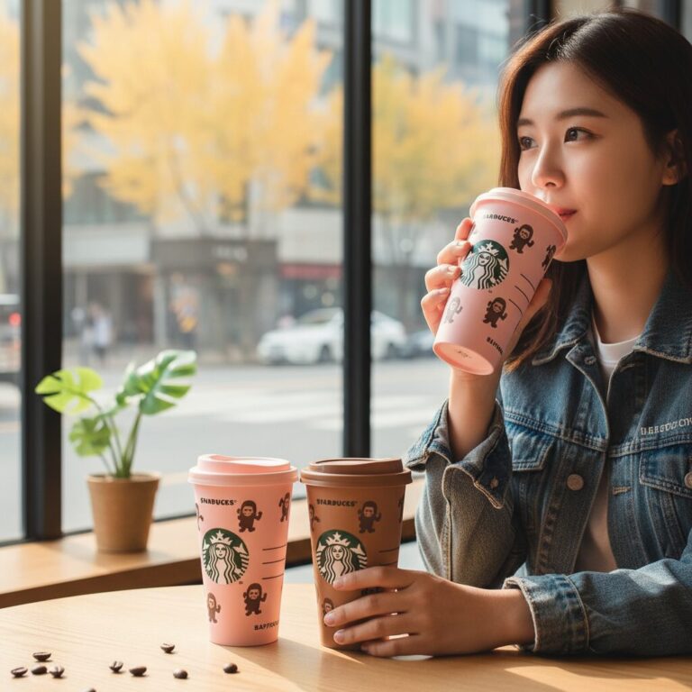 스타벅스 베이프 베이비 마일로 리유저블컵 핑크색과 브라운색 실물 사진