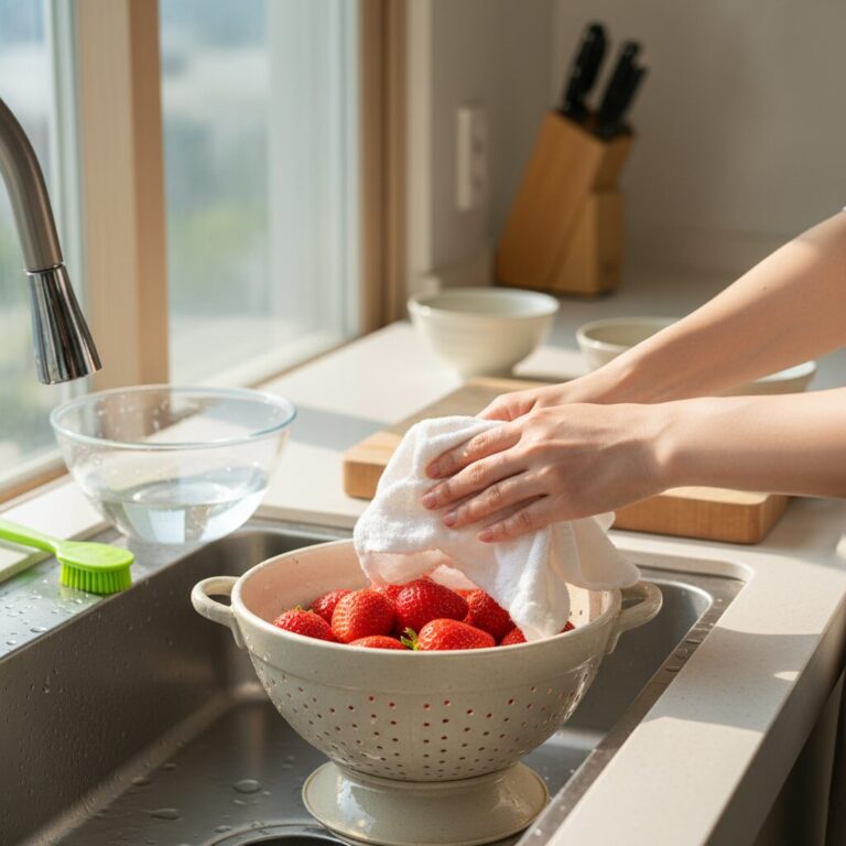 딸기 세척 후 물기 제거하는 사진