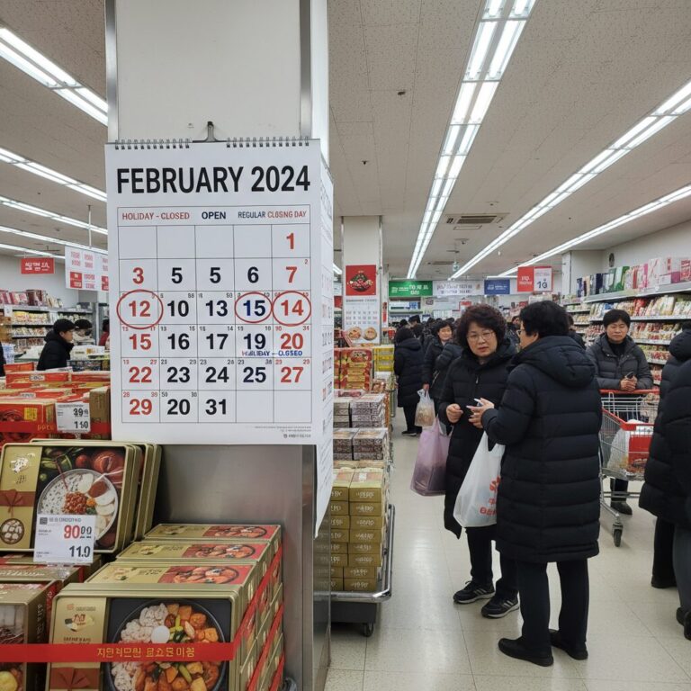 설날 전 대형마트 달력에 휴무일과 영업일이 표시된 이미지
