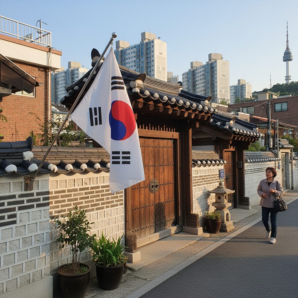 집 대문 왼쪽에 바르게 게양된 태극기