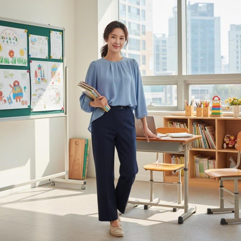 편한 블라우스와 슬랙스를 매치한 일상적인 교사 복장