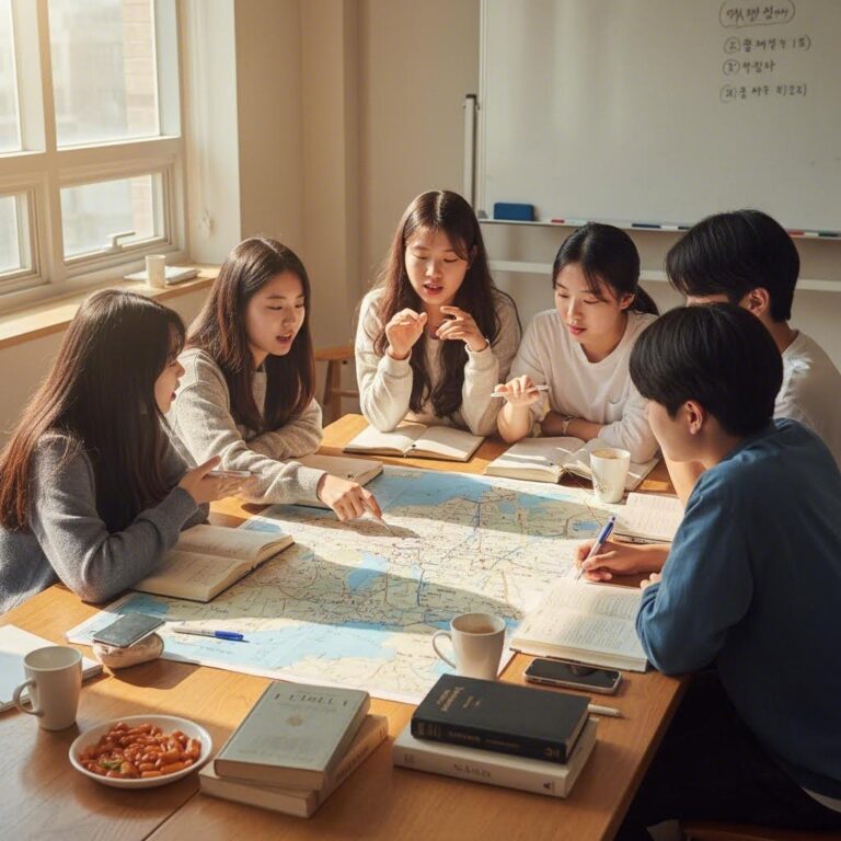 청소년들이 테이블에 모여 역사 탐방 프로젝트를 계획하며 지도를 보고 열띤 토론을 나누는 모습