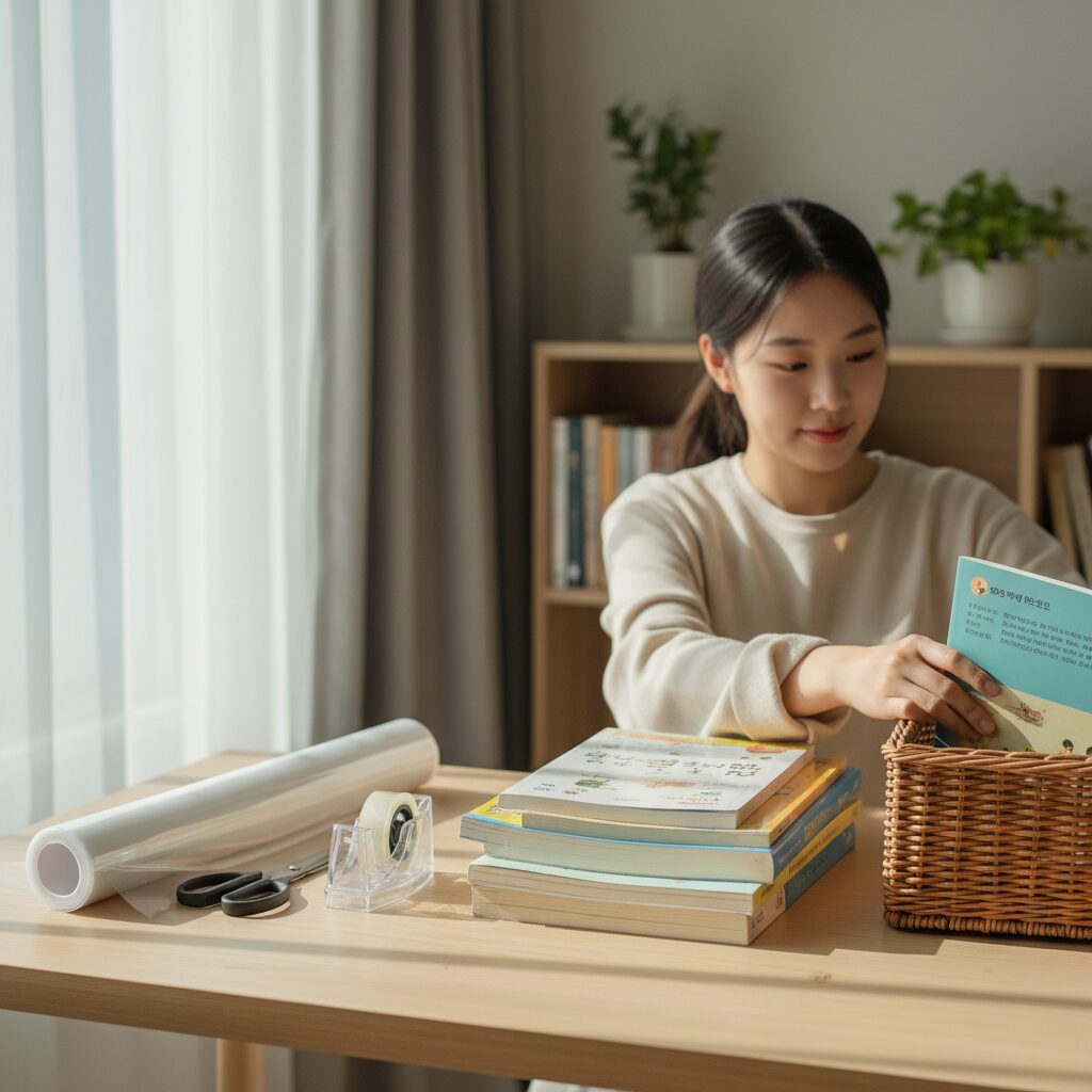 초등학교 교과서를 비닐커버로 포장하는 단계별 과정