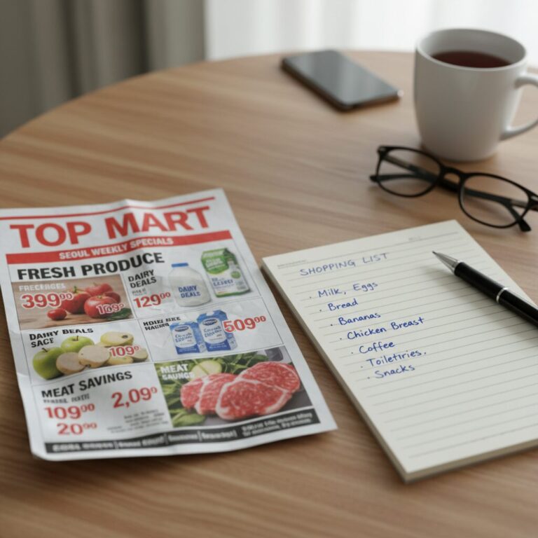 탑마트 할인 전단지와 쇼핑 리스트가 적힌 노트