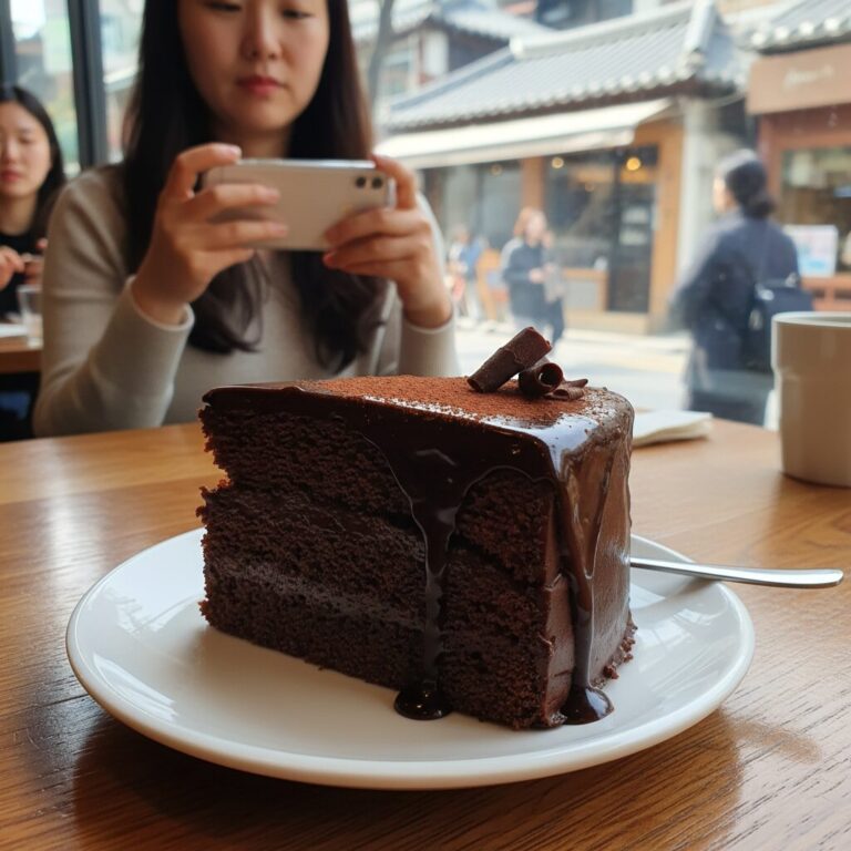 뚜레쥬르 진한 가나슈 케이크 조각이 담긴 접시