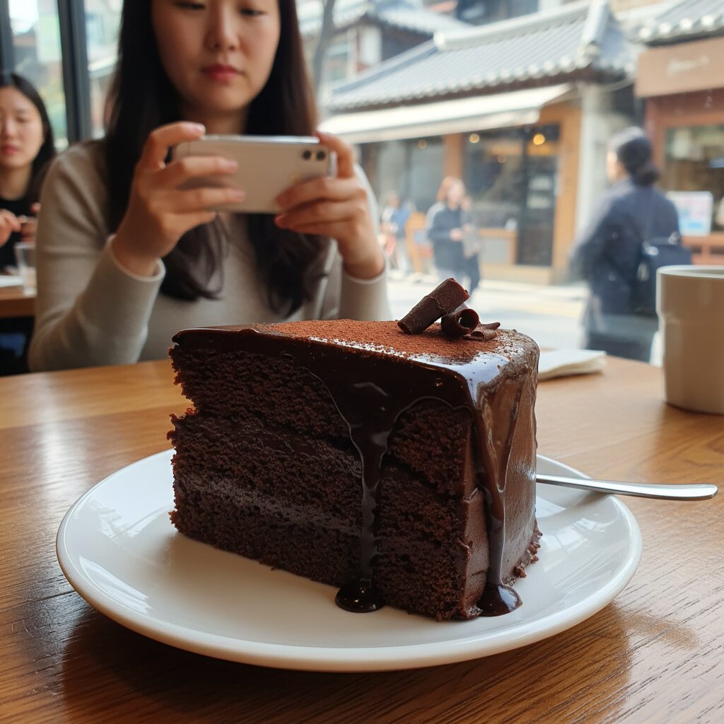 뚜레쥬르 진한 가나슈 케이크 조각이 담긴 접시