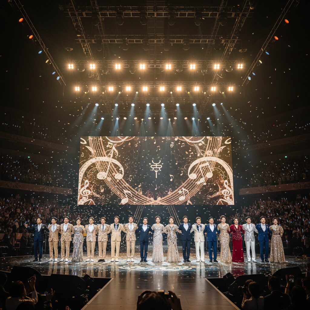 트롯대잔치 2026 무대에서 출연진들이 함께 노래하고 있는 모습